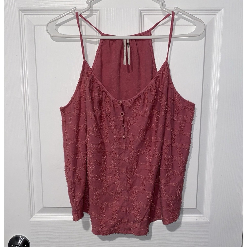 Anthropologie Kit Textured Cami Tank Top Pink Boho Button V-Neck Sz Large